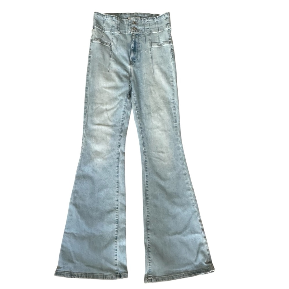 Free People We The Free Medium Wash Blue Raw Hem Flare Bell Bottom Jeans Size 28